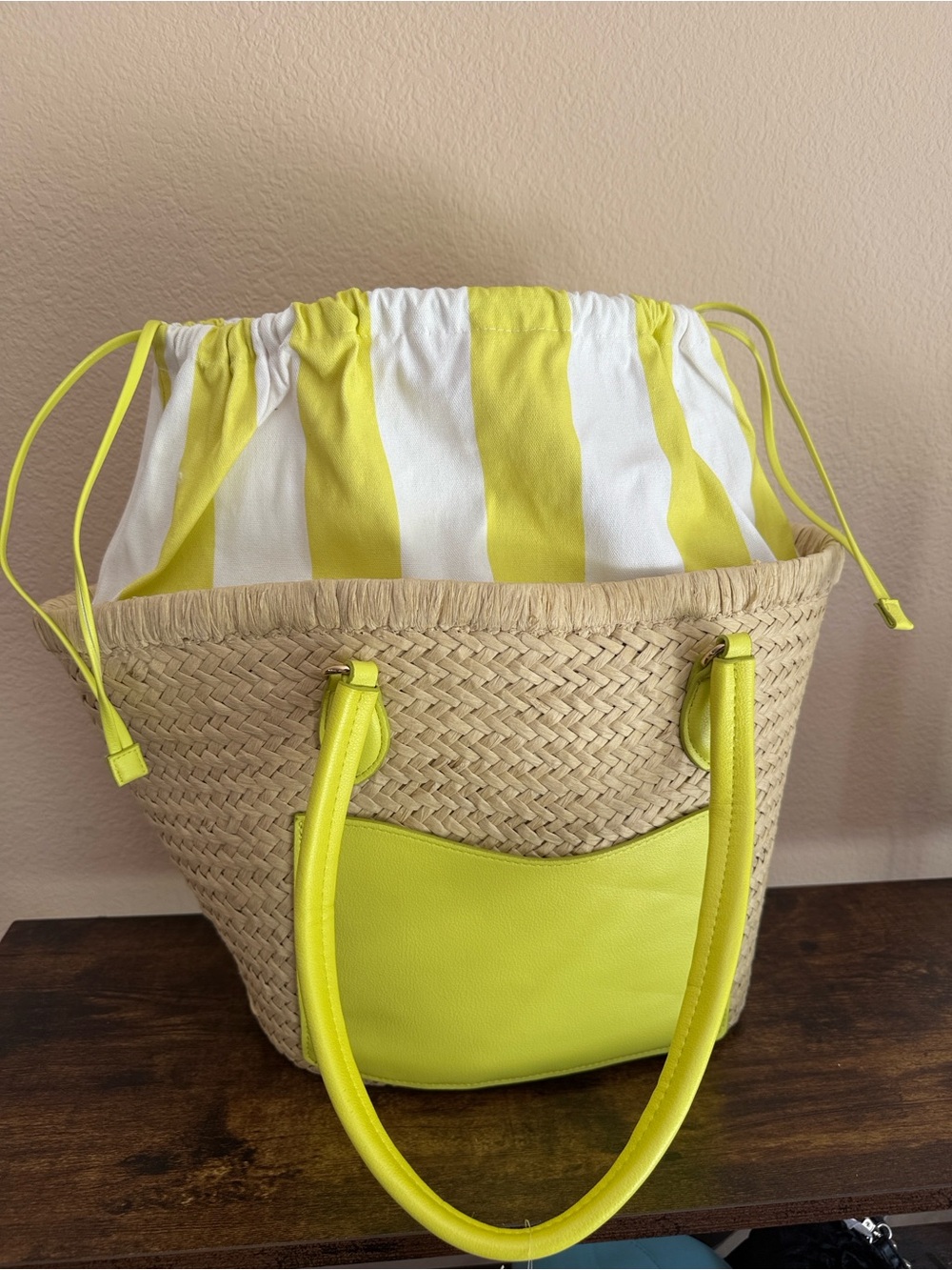 Drawstring Straw Tote Bag with Yellow and White Stripes